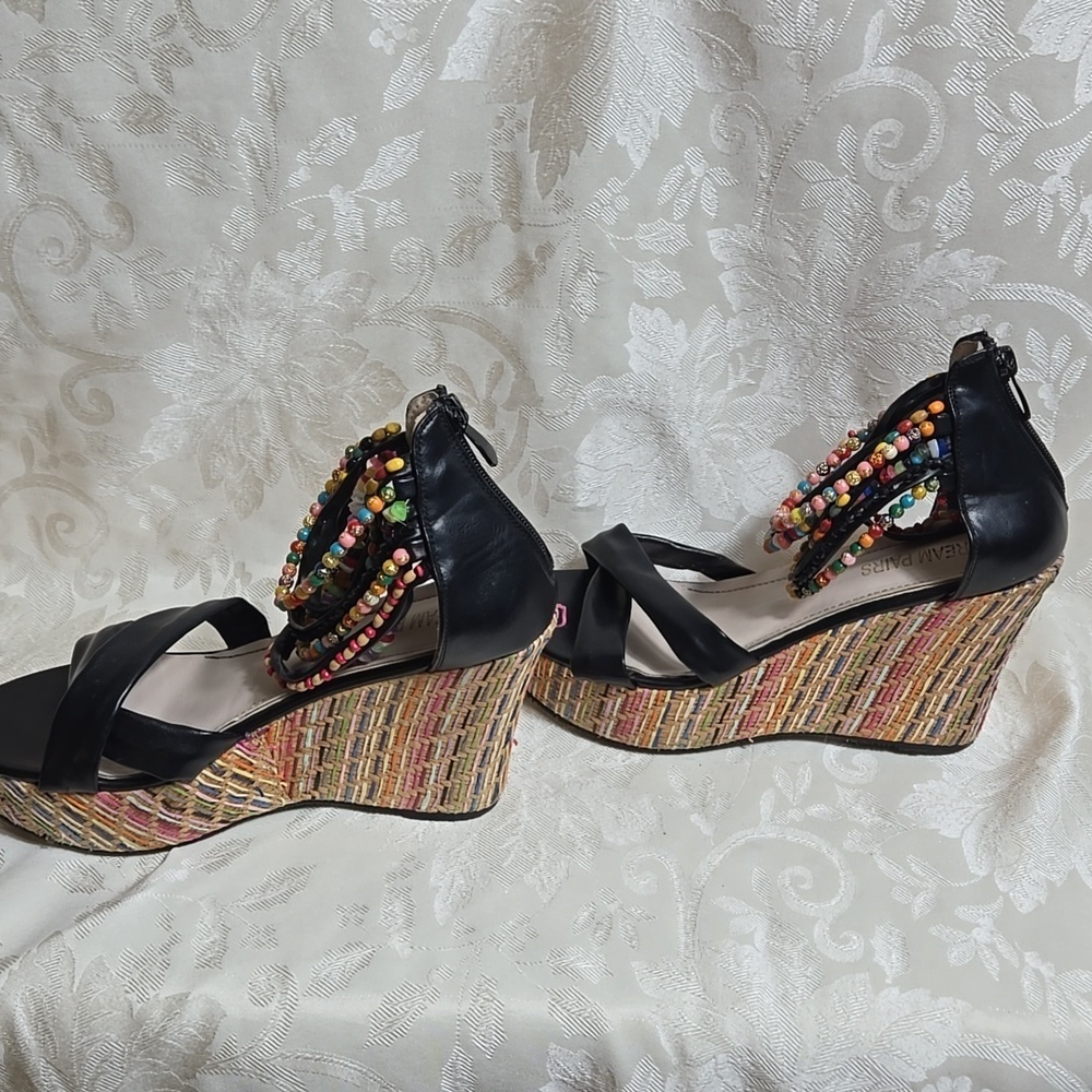 Dream Pairs Colorful Beaded Ankle Black Wedge Sandals - Picture 5 of 9